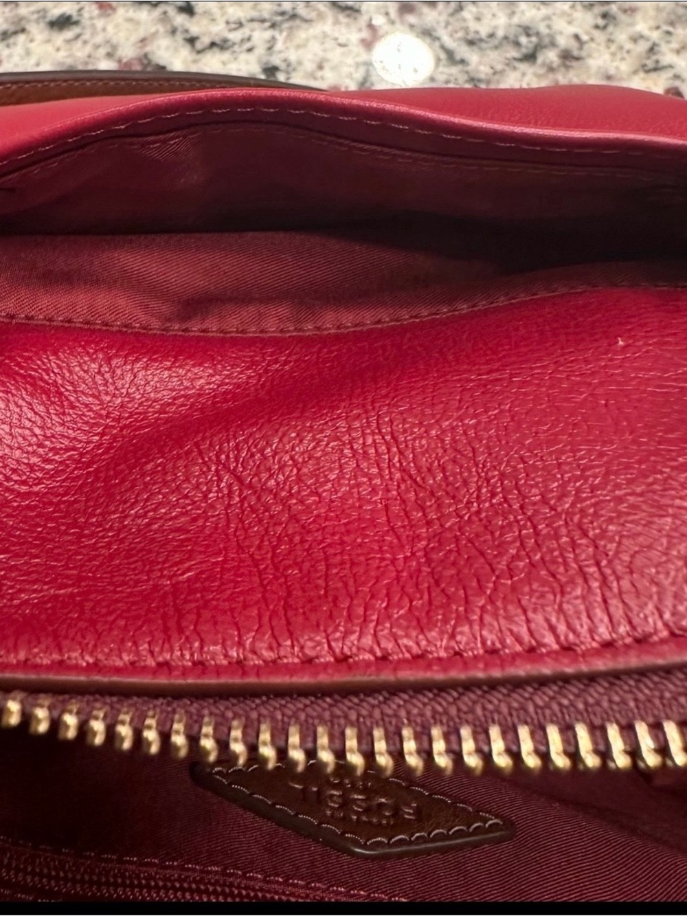Fossil Red Leather Satchel with Brown Handles, New without tags - Picture 8 of 11